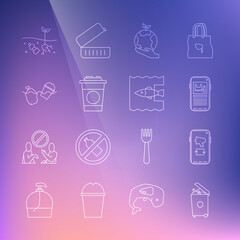 Set line Trash can, Megaphone on mobile, Stop plastic pollution, Hand holding Earth globe, Paper glass, Problem of the ocean, planet and icon. Vector