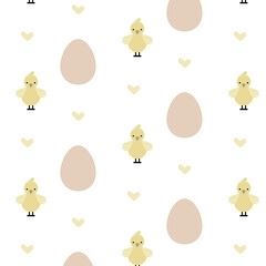 Vector chicks and eggs pattern on white background.