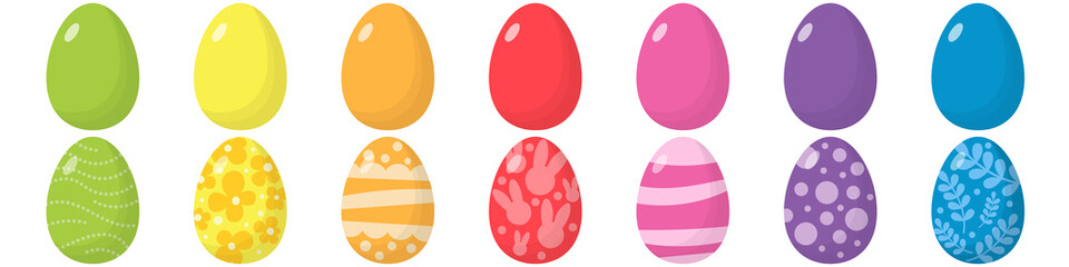 Set of Easter eggs. Traditional food for celebration. Ellipse shape pack of elements. Easter hunt decoration. Colorful group of Easter symbols. Isolated on white background. For promotion, printing.