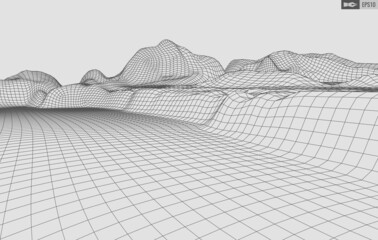 Wireframe landscape on white background. Abstract geometric vector technology background. 3d vector digital background.