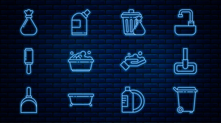 Set line Trash can, Mop, and garbage bag, Plastic basin with soap suds, Adhesive roller, Garbage, Washing hands and Bottles for cleaning agent icon. Vector