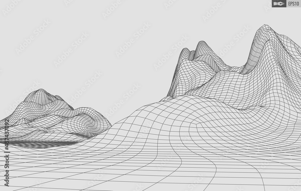 Poster wireframe landscape on white background. abstract geometric vector technology background. 3d vector 