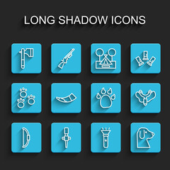 Set line Bow, Torch flame, Wooden axe, Flashlight, Dog, Hunting horn, Slingshot and Paw print icon. Vector