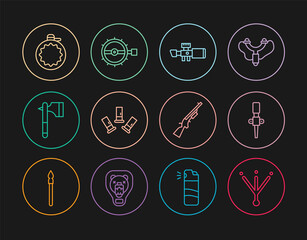 Set line Bird footprint, Torch flame, Sniper optical sight, Cartridges, Wooden axe, Canteen water bottle, Shotgun and Trap hunting icon. Vector