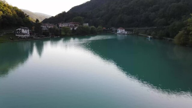 Dron shot EU europ europa Slovenija Slovenia open shot night sky water close mist dark church paning left covid trees tree front green front back wood blue natura natur eco covid Soča beautiful nice m