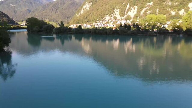 Dron shot EU europ europa Slovenija Slovenia open shot night sky water close mist dark church paning left covid trees tree front green front back wood blue natura natur eco covid Soča beautiful.mp4