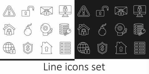 Set line Server, Web Hosting, security with key, Mail message lock password, Bomb ready to explode, House under protection, Exclamation mark triangle, Ringing alarm bell and Open padlock icon. Vector