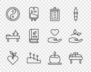 Set line Heart, Acupuncture therapy, Clipboard with checklist, Yin Yang, Medical book, Aroma candle and Leaf hand icon. Vector