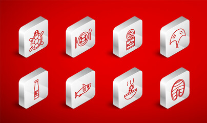 Set line Fish steak, Served crab on plate, Canned fish, Stingray, Soup with octopus, Turtle, Shark and Sauce bottle icon. Vector