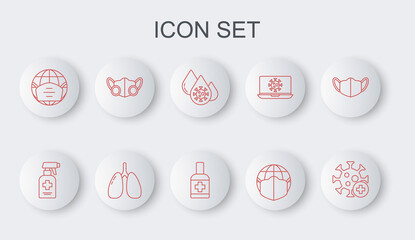 Set line Positive virus, Liquid antibacterial soap, Blood test and, Earth with medical mask, Medical protective, Lungs and icon. Vector