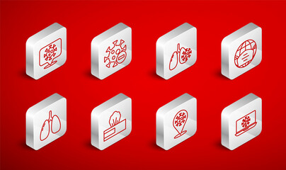 Set line Virus statistics on laptop, Negative virus, cells in lung, Earth with medical mask, Corona 2019-nCoV location, Wet wipe pack and Lungs icon. Vector