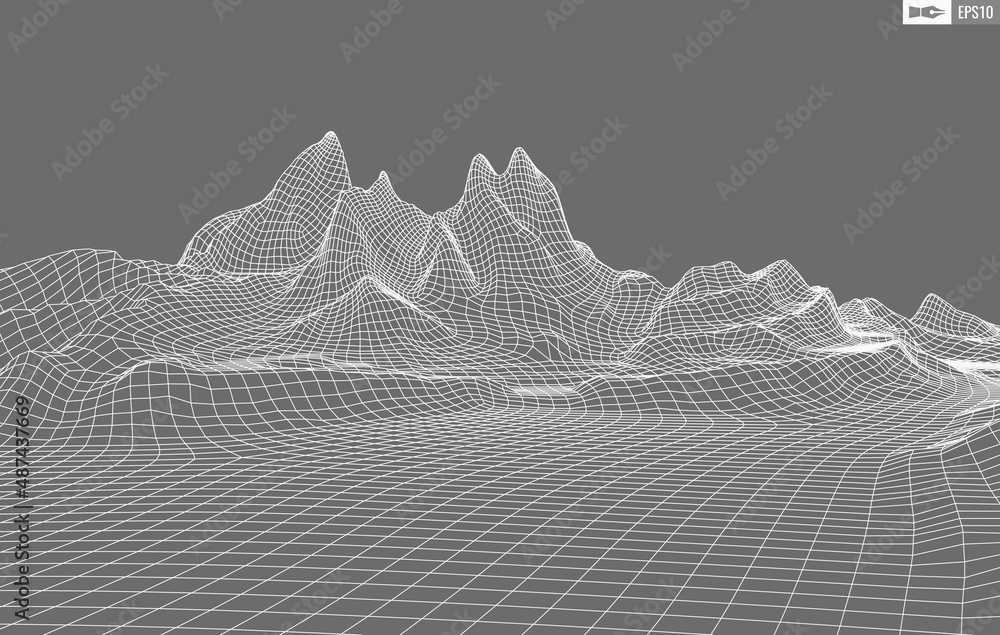 Poster wireframe landscape on white background. abstract geometric vector technology background. 3d vector 