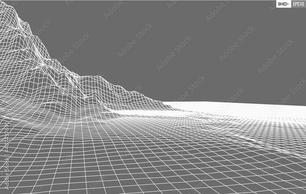 Poster wireframe landscape on white background. abstract geometric vector technology background. 3d vector 