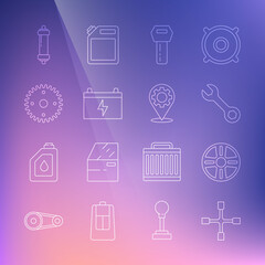 Set line Wheel wrench, Alloy wheel, Wrench spanner, Car key with remote, battery, Gear, Shock absorber and service icon. Vector