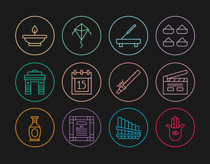 Set line Hamsa hand, Bollywood indian cinema, Scented spa stick, Independence day India, Gate Delhi, Aroma lamp, Bamboo flute and Kite icon. Vector