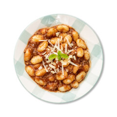 Italian pasta gnocchi on a plate with bolognese sauce isolated over white background