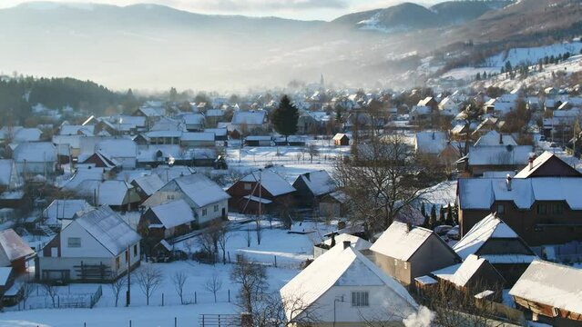 Winter in the Carpathian mountains. Aerial. Synevyr village. 