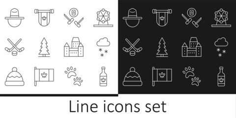 Set line Beer bottle, Cloud with snow, Curling sport game, Canadian spruce, Ice hockey sticks and puck, ranger hat, Chateau Frontenac hotel and Pennant Canada icon. Vector