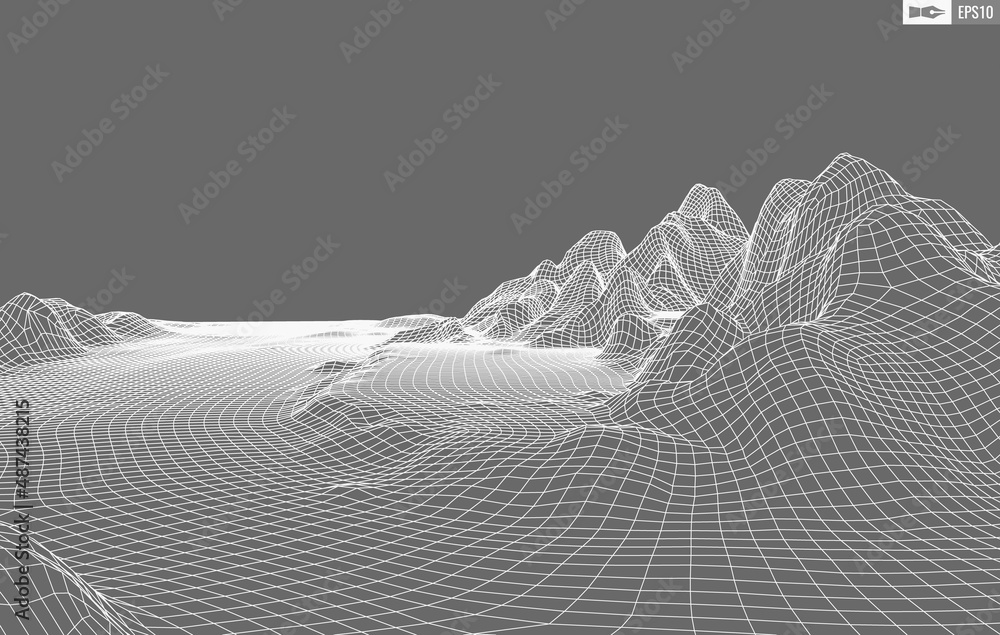 Poster wireframe landscape on white background. abstract geometric vector technology background. 3d vector 