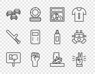 Set line Protest, Hand showing two finger, Broken window, Raised hand with clenched fist, Traffic jam, Police assault shield, Burning car and Gas mask icon. Vector