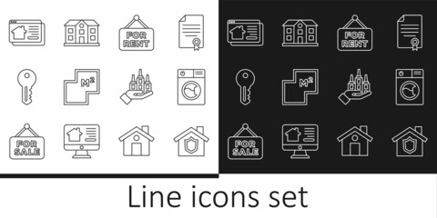Set line House with shield, Washer, Hanging sign For Rent, plan, key, Online real estate house, Skyscraper and icon. Vector