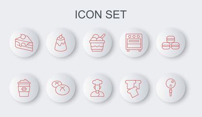 Set line Lollipop, Coffee cup to go, Ice cream in bowl, Bread toast, Piece cake, Pudding custard, loaf and Cook icon. Vector