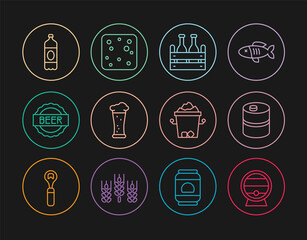 Set line Wooden barrel on rack, Metal beer keg, Pack of bottles, Glass, Bottle cap with, Plastic, Ice bucket and Beer bubbles icon. Vector