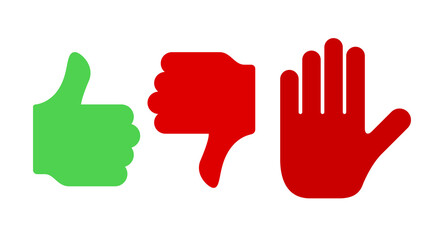 Thumb up, thumbs down, stop gesture. Flat vector illustration isolated on white background.