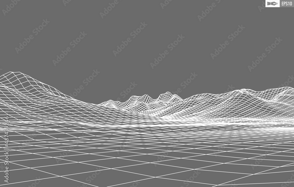Poster wireframe landscape on white background. abstract geometric vector technology background. 3d vector 