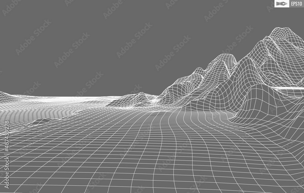 Poster wireframe landscape on white background. abstract geometric vector technology background. 3d vector 