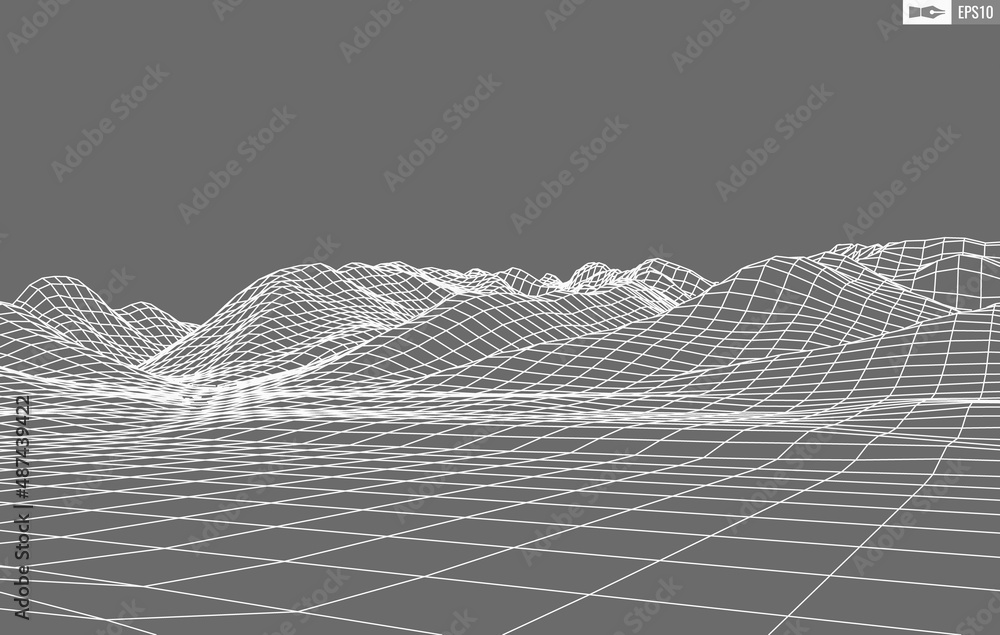 Poster wireframe landscape on white background. abstract geometric vector technology background. 3d vector 