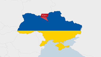 Ukraine map highlighted in Ukraine flag colors and pin of country capital Kyiv.