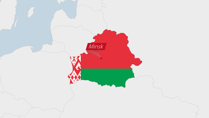Belarus map highlighted in Belarus flag colors and pin of country capital Minsk.