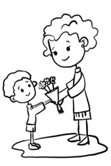 cute boy giving flowers to his mother, teacher ,coloring
