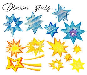 Pencil drawn blue stars clipart, yellow stars clipart, hand drawn blue stars, blinked yellow sparks, shining, isolated elements, lettering drawn stars
