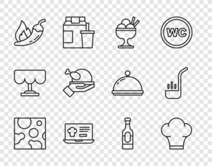 Set line Cheese, Chef hat, Ice cream in bowl, Online ordering and delivery, Hot chili pepper pod, Roasted turkey chicken, Wine bottle and Kitchen ladle icon. Vector