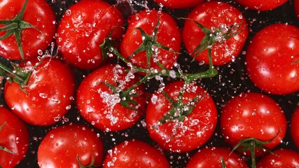 Super slow motion of falling cherry tomatoes with water splashes. Filmed on high speed cinema camera, - Powered by Adobe