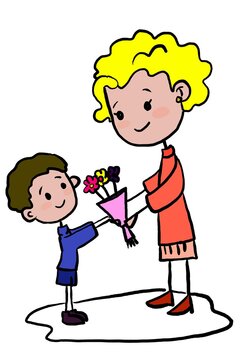 Cute Boy Giving Flowers To His Mother, Teacher