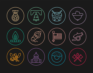 Set line American flag, Cannon, Drum and drum sticks, Firework, Campfire, Medal with star, and Liberty bell in Philadelphia icon. Vector