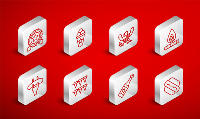 Set line Hotdog sandwich, Ice cream in waffle cone, Eagle, Campfire, Champagne bottle, Medal with star, Carnival garland flags and Sausage the fork icon. Vector