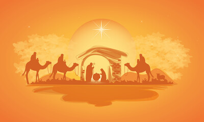 Fototapeta na wymiar Nativity landscape orange night scene mangel Vector