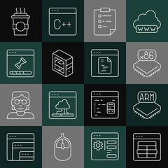 Set line MySQL code, Processor, with microcircuits CPU, Clipboard checklist, Computer, Loading data window, Coffee cup to go and Software icon. Vector