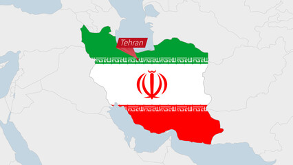 Iran map highlighted in Iran flag colors and pin of country capital Tehran.