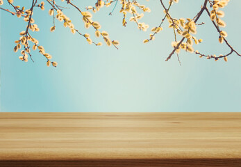 Empty Wooden table top outdoors in spring.