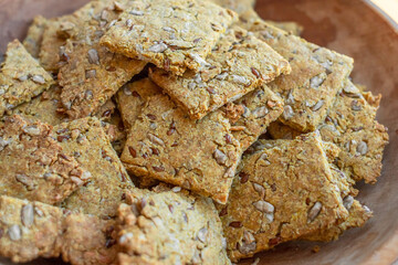 Healthy lifestyle. Rye bread with seeds and spices. Bread alternative. Appetizer for pate. Healthy...