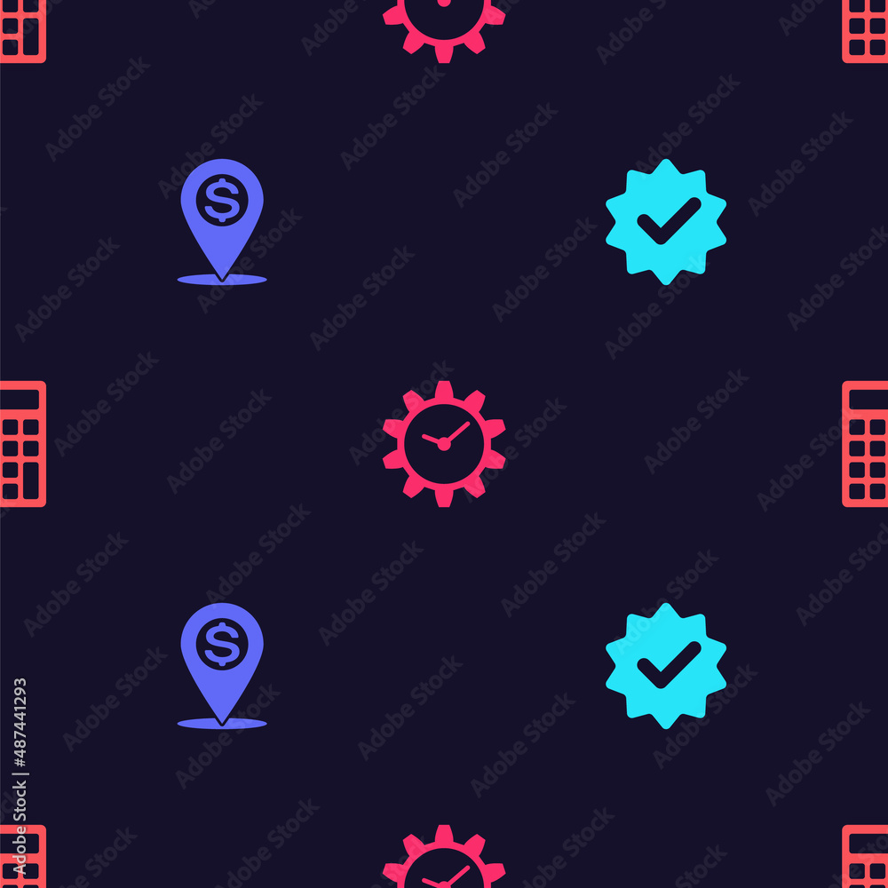 Poster set approved and check mark, cash location pin, time management and calculator on seamless pattern. 