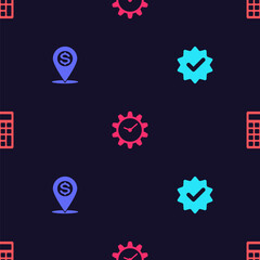 Set Approved and check mark, Cash location pin, Time Management and Calculator on seamless pattern. Vector
