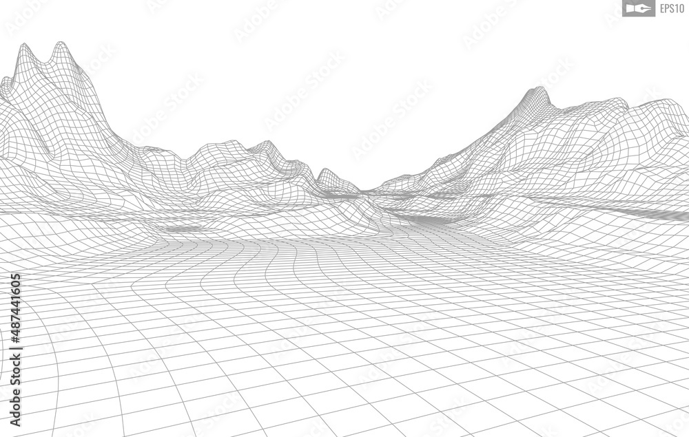 Poster wireframe landscape on white background. abstract geometric vector technology background. 3d vector 