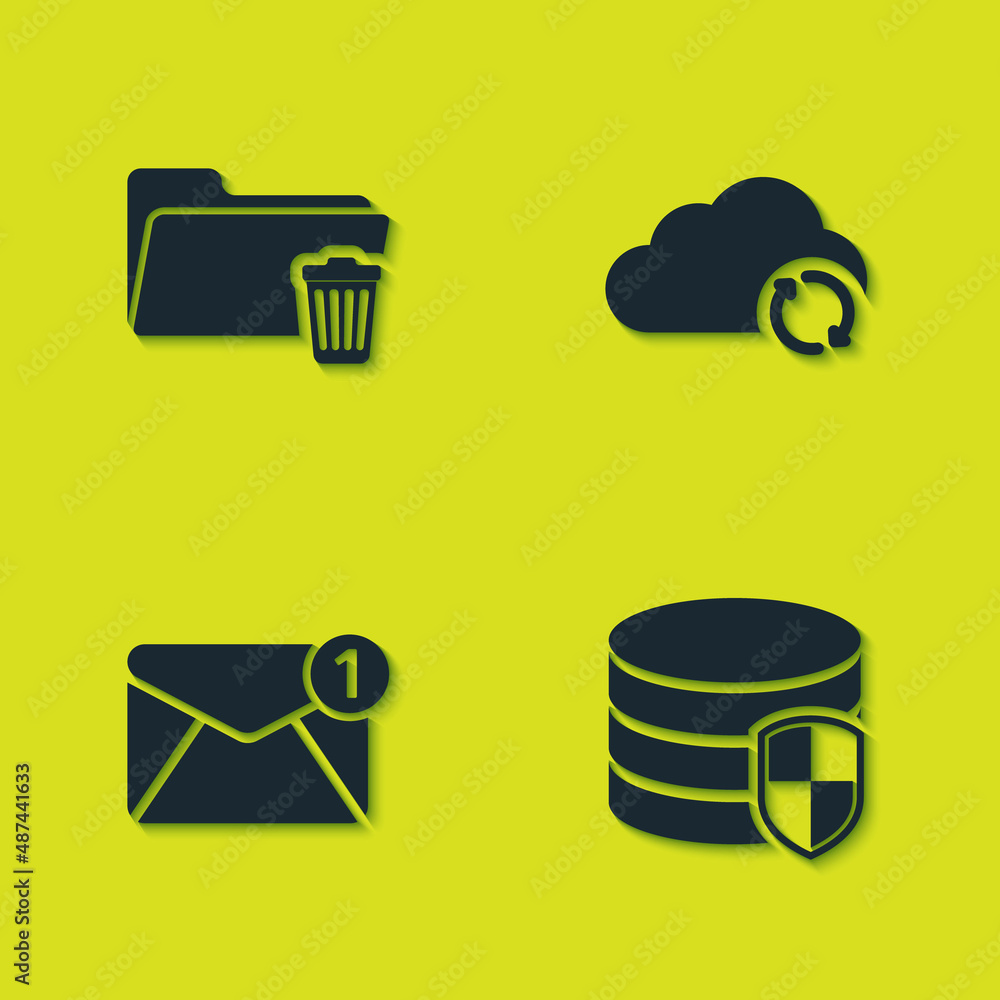 Poster set delete folder, database protection, new, email incoming message and cloud sync refresh icon. vec