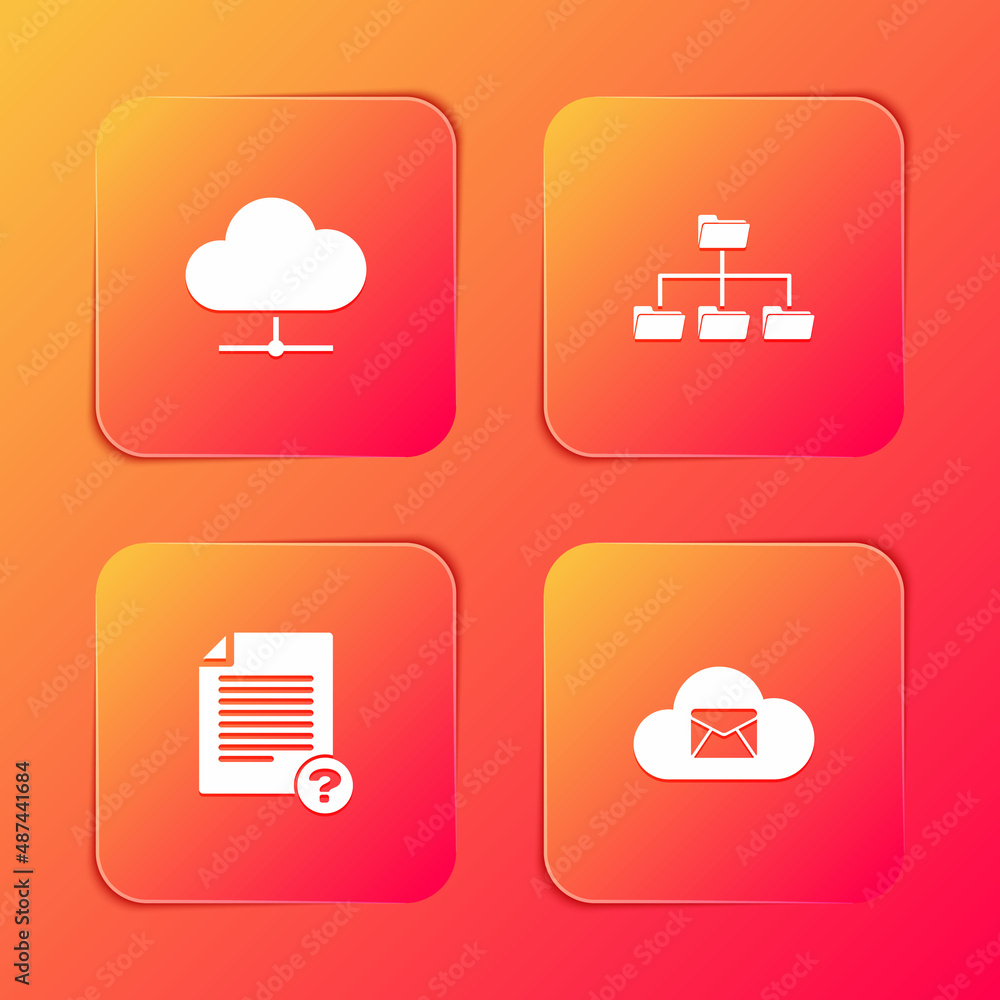 Poster set network cloud connection, folder tree, unknown document and cloud mail server icon. vector